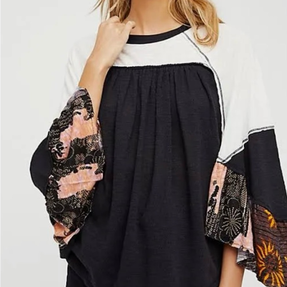 Free People Black and White Bell Sleeve Blouse